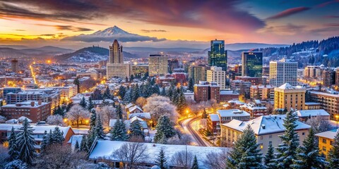Fototapeta premium Snowy Portland Oregon Cityscape, Winter Wonderland Scene, Rule of Thirds Composition