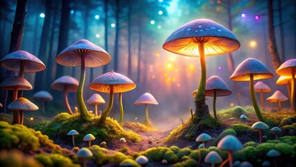 Fototapeta premium Ethereal landscapes with glowing mushrooms, glowing caps, fantastical, glowing caps, fantastical, dreamlike