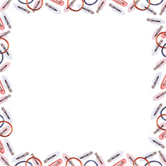 Watercolor illustrations of hairpins and hair items. Hand-drawn set of isolated clip art frame on a white background. Bright and stylish pictures of realistic hairpins and hair care devices for