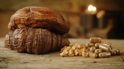 Obraz premium A stylish composition of high-end adaptogen supplements, including reishi and ashwagandha.