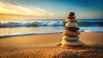 A serene beach scene with stones balanced on top of a stack of pebbles, partially submerged in the sea sand, as if nature has carefully arranged them , beach scenery, earthy tones