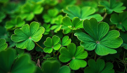 Found a good luck four leaf clover standing out from meadow of green clovers