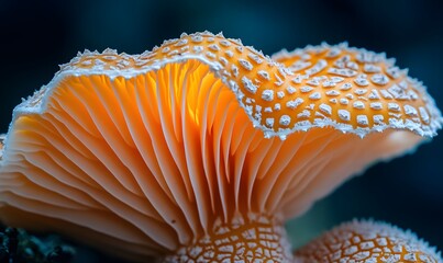 Glowing gills of a vibrant orange mushroom with white speckled cap macro view
