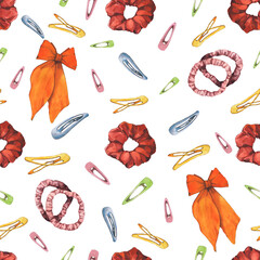 Watercolor illustrations of hairpins and hair items. Hand-drawn seamless pattern of isolated clip art on a white background. Bright and stylish pictures of realistic hairpins and hair care devices for