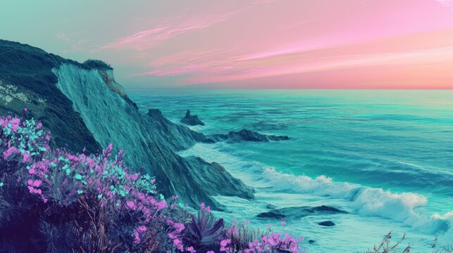 Serene coastal landscape featuring ocean waves and rocky cliffs