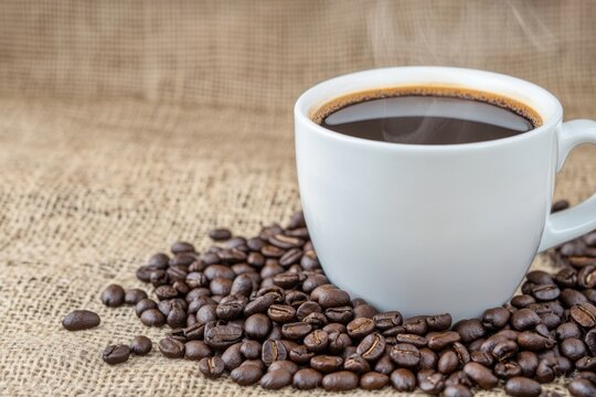 A steaming hot mocha coffee cup with coffee beans artistically scattered around