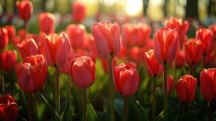 Fototapeta premium Vibrant Tulip Field at Sunset with Soft Lighting and Lush Green Foliage