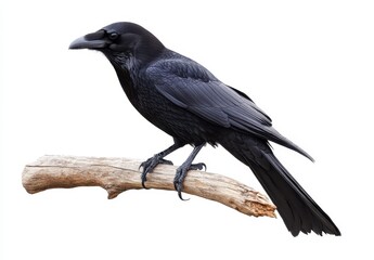 Majestic Black Raven Perched on a Rustic Branch Against a Clean White Background, Showcasing Intricate Feathers and Sharp Beak Features