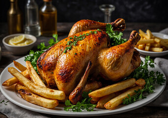 Golden Roasted Chicken with Crispy Fries and Herbs