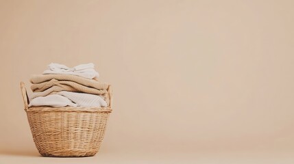 A wicker basket filled with neatly folded laundry on a soft beige background.