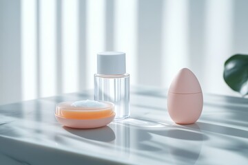 Minimalist skincare products on a marble surface with soft lighting