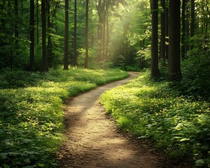 Fototapeta premium A winding forest pathway bathed in sunlight passing through the trees