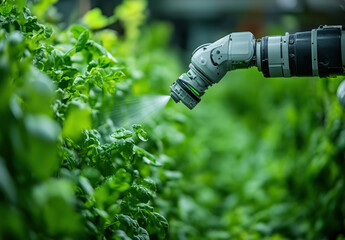 Robotic Arm Watering Green Plants in a Greenhouse