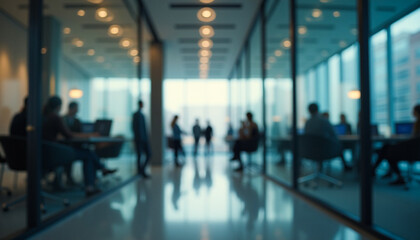 blurred background of a modern glass office with blurred people working