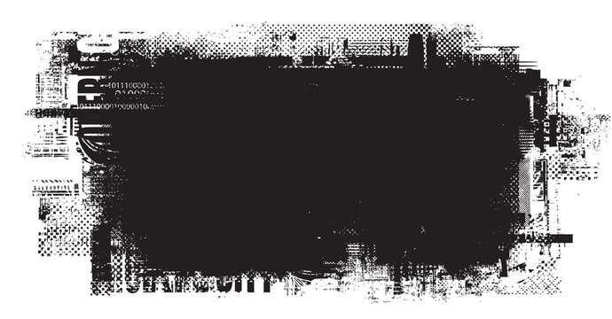 Abstract frame background with chaotic layering of newspaper text, illustrations modern city, headlines and place for an inscription on black background. Creative vector background in grunge style