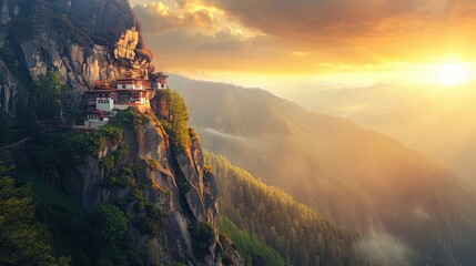 Majestic Mountain Landscape at Sunset with Serene Temple Nestled Among Glorious Peaks and Lush Green Forests