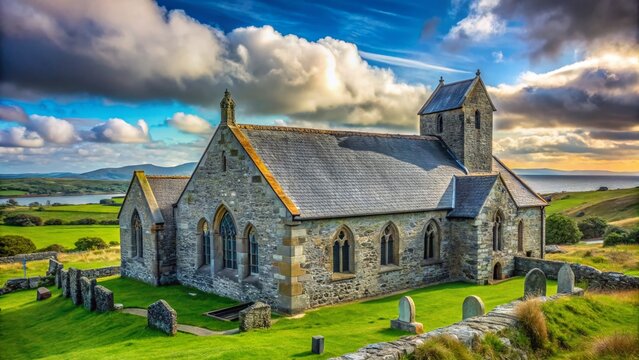 St Beuno's Church, Aberffraw, Anglesey: Historic Welsh Church Exterior, Architectural Detail, Cloudy Sky