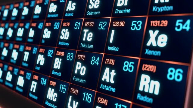 Periodic table of the elements, selenium, bromine, tellurium, polonium. System, material, chemical, atomic number, weight, material, science, education. 3D animation