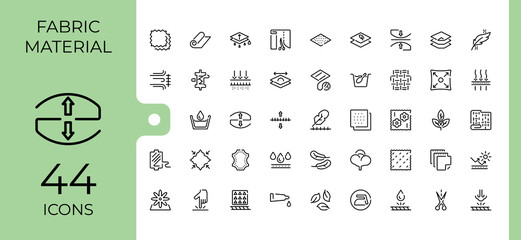 Fabric Material vector line icon set. Contains such icons as stain, wool, uv, water, silk, breathable, cotton, anti. Web icons. Minimalist editable vector stroke.