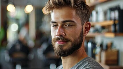 Male cosmetologist showcasing stylish haircut and beard grooming skills in a modern salon environment