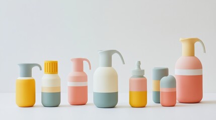 Cleaning detergent bottles with sleek packaging arranged aesthetically on a white background.