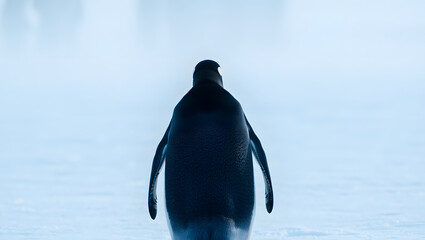 a penguin walking on the snow, appearance from behind