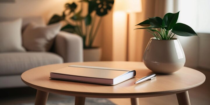 Serene Evening: A closed notebook rests on a side table, a plant beside it, bathed in warm, ambient light. Tranquility personified.