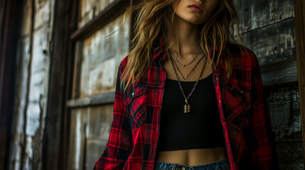 Naklejka premium A woman in a red plaid shirt and layered necklaces stands against a weathered wooden wall for a casual portrait.