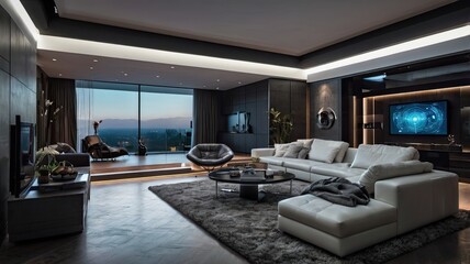 Luxury Living Room with Panoramic View: A modern, sleek living room showcases expansive views and refined decor, epitomizing contemporary elegance and comfort.