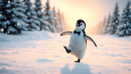 a cute penguin dancing on the snow