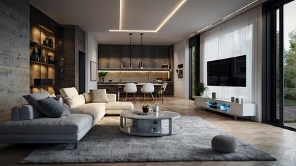 Modern Living: A beautifully designed modern living space showcasing an open floor plan, sleek furniture, and contemporary design elements. 