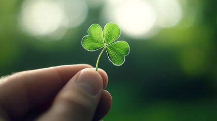 A hand gently holds a vibrant green four-leaf clover against a blurred natural background, symbolizing luck and nature's beauty.