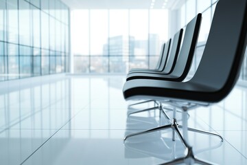 A row of black chairs are sitting in a large room with a white floor