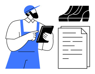 Technician in blue overalls and cap holding a tablet, reviewing documents beside industrial piping and sheets of paper. Ideal for themes thumbs up technology, maintenance, automation, industry