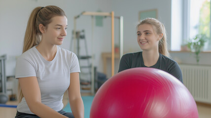 A young woman engaged in a fitball core strengthening workout under the supervision of a female physiotherapist