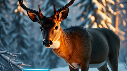 A majestic deer with brown fur standing in a serene snowy forest landscape