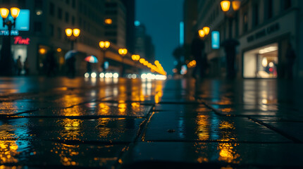 night view of the city street after the rain, where puddles formed on the streets reflect the soft glow of streetlight