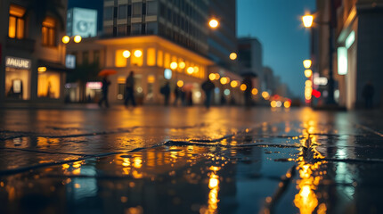 night view of the city street after the rain, where puddles formed on the streets reflect the soft glow of streetlight