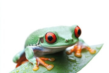Bright green frog perched on leaf, showcasing striking red eyes