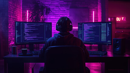 IT specialist writing code in a dark room with monitors