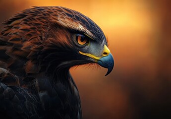 Obraz premium Majestic close-up of a golden eagle showcasing fierce gaze and intricate feather patterns against a warm orange sunset background