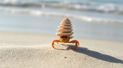 a small hermit crab carefully stacking seashells on a sandy beach