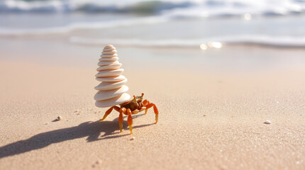 a small hermit crab carefully stacking seashells on a sandy beach