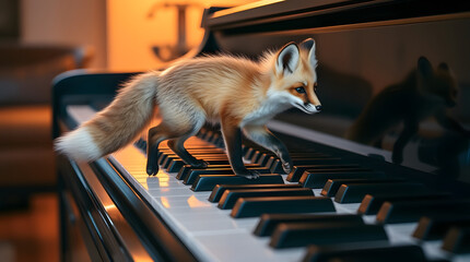 a cute fox gracefully walking across the keys of a grand piano