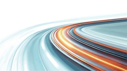 An abstract image depicting a curving road with a strong motion blur effect. The road is represented by light streaks in shades of blue, orange, and white against a predominantly white background.