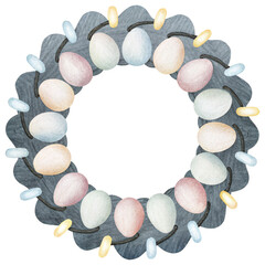 easter festive clipart, Pastel Easter egg wreath with fairy lights, perfect for festive decor