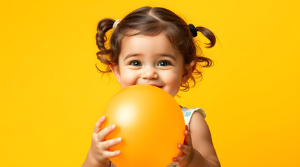 a child with a bright smile, rosy cheeks, and sparkling eyes, holding a balloon in their small hands, surrounded by a sunny yellow background