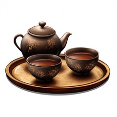 Asian tea ceremony set, wooden tray, white background, tranquil scene
