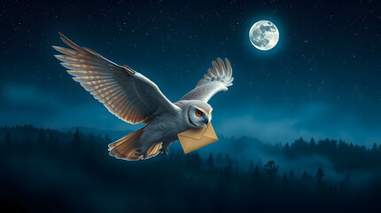 an owl flying through the night sky, carrying a sealed letter in its beak