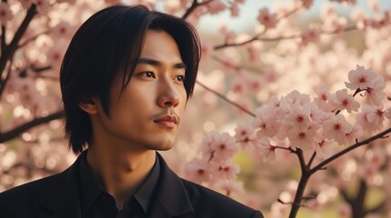 Serene contemplation amidst a breathtaking bloom of cherry blossoms. A young man gazes thoughtfully, bathed in the soft, warm light of spring.
